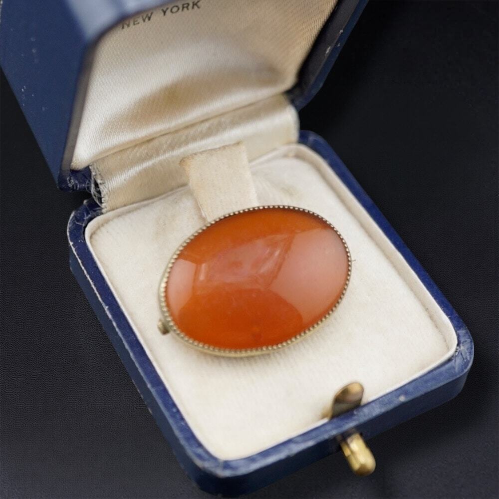 Vintage Orange Cabochon Brooch Retro Resin Statement Pin Gold Tone Oval